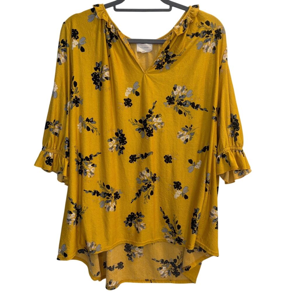 MELLODAY Mustard Yellow Floral V-Neck Ruffle Sleeve Blouse